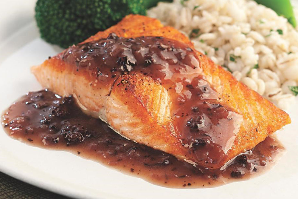 Seared Salmon with Red Wine & Michigan Morel Sauce