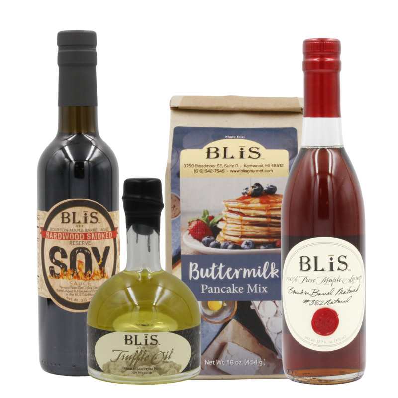 BLiS Gourmet Breakfast Bundle including Hardwood Smoked Soy Sauce, White Truffle Oil, Bourbon Barrel Maple Syrup and Buttermilk Pancake Mix