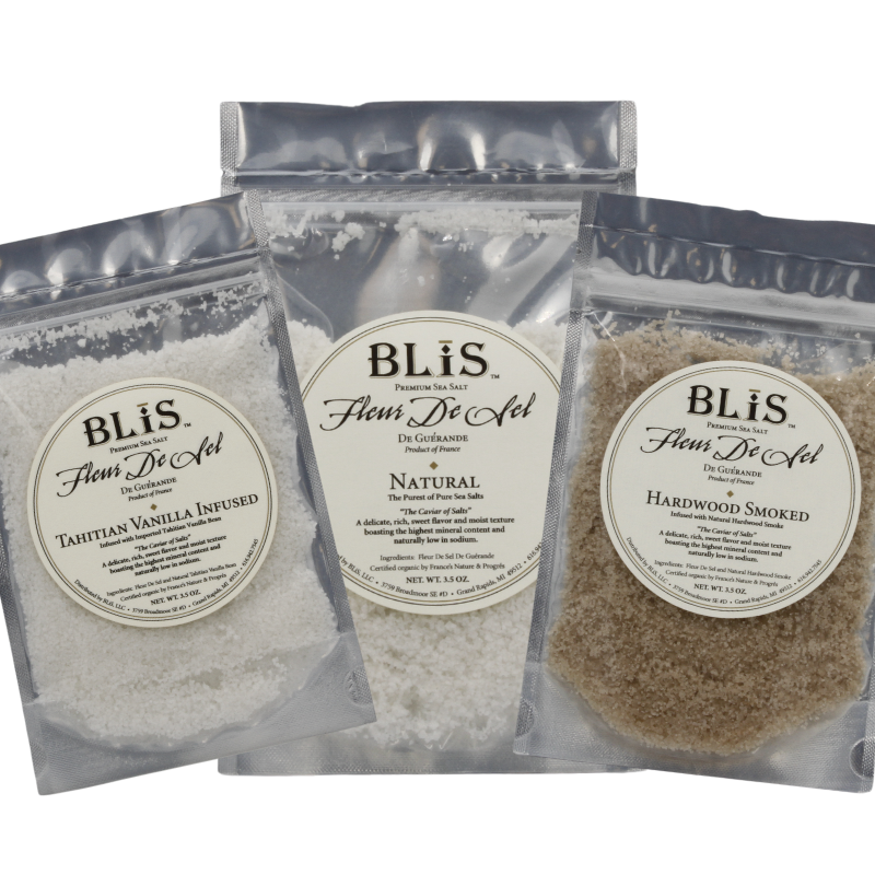 BLiS Gourmet Fleur de Sel 3-Pack including Natural, Hardwood Smoked, and Tahitian Vanilla Infused