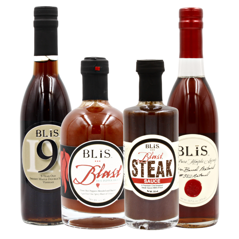 BLiS Bourbon Barrel Aged Variety Pack including #9 Sherry Vinegar, Blast Hot Pepper Sauce, Blast Steak Sauce, and Bourbon-Barrel Aged Maple Syrup